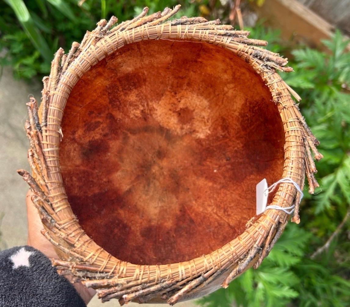 Vintage Pine Needle Gourd Basket – Pyrography Pinecone Motif, Southwestern Fiber Art
