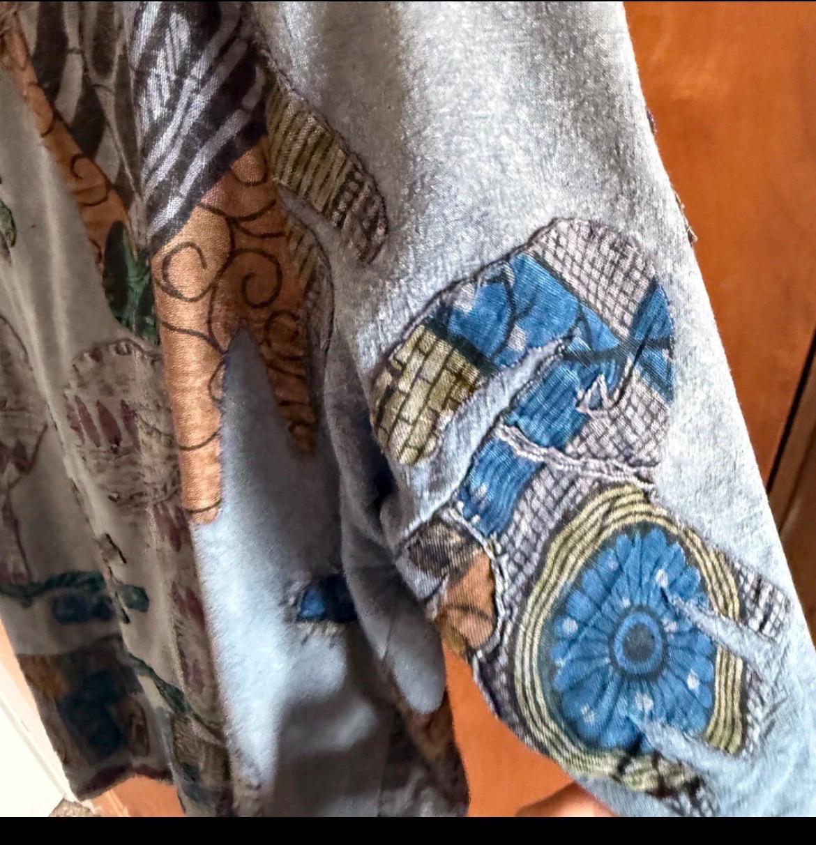 Vintage 90s Boho Elephant Print Cotton Jacket, Indian Patchwork Artsy Layering Cardigan
