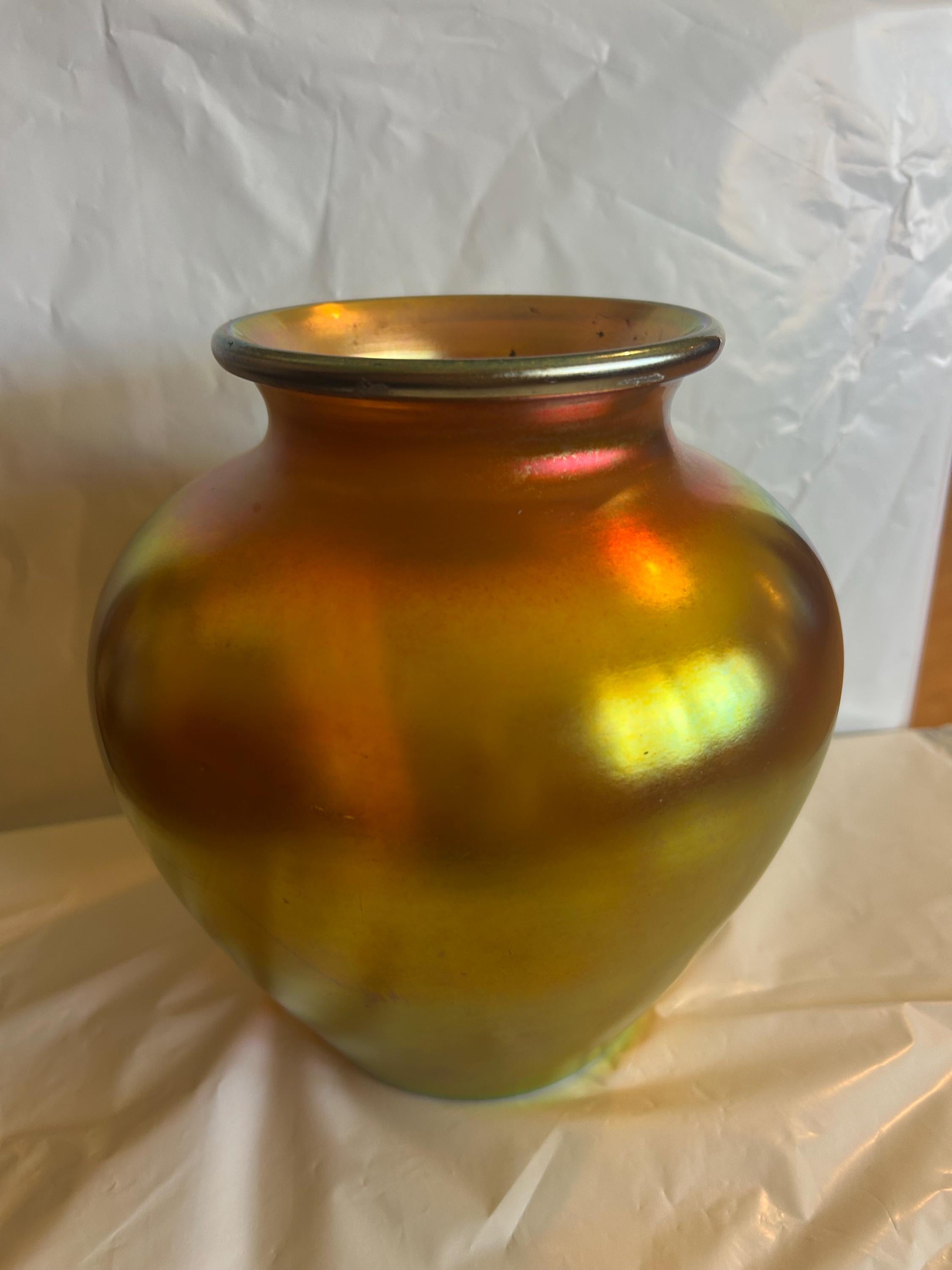 Antique Steuben Gold Aurene Art Glass Vase Shape 2683 Signed Frederick Carder c 1910, 8 Inch Iridescent Gold Favrile Glass Swollen Shoulder