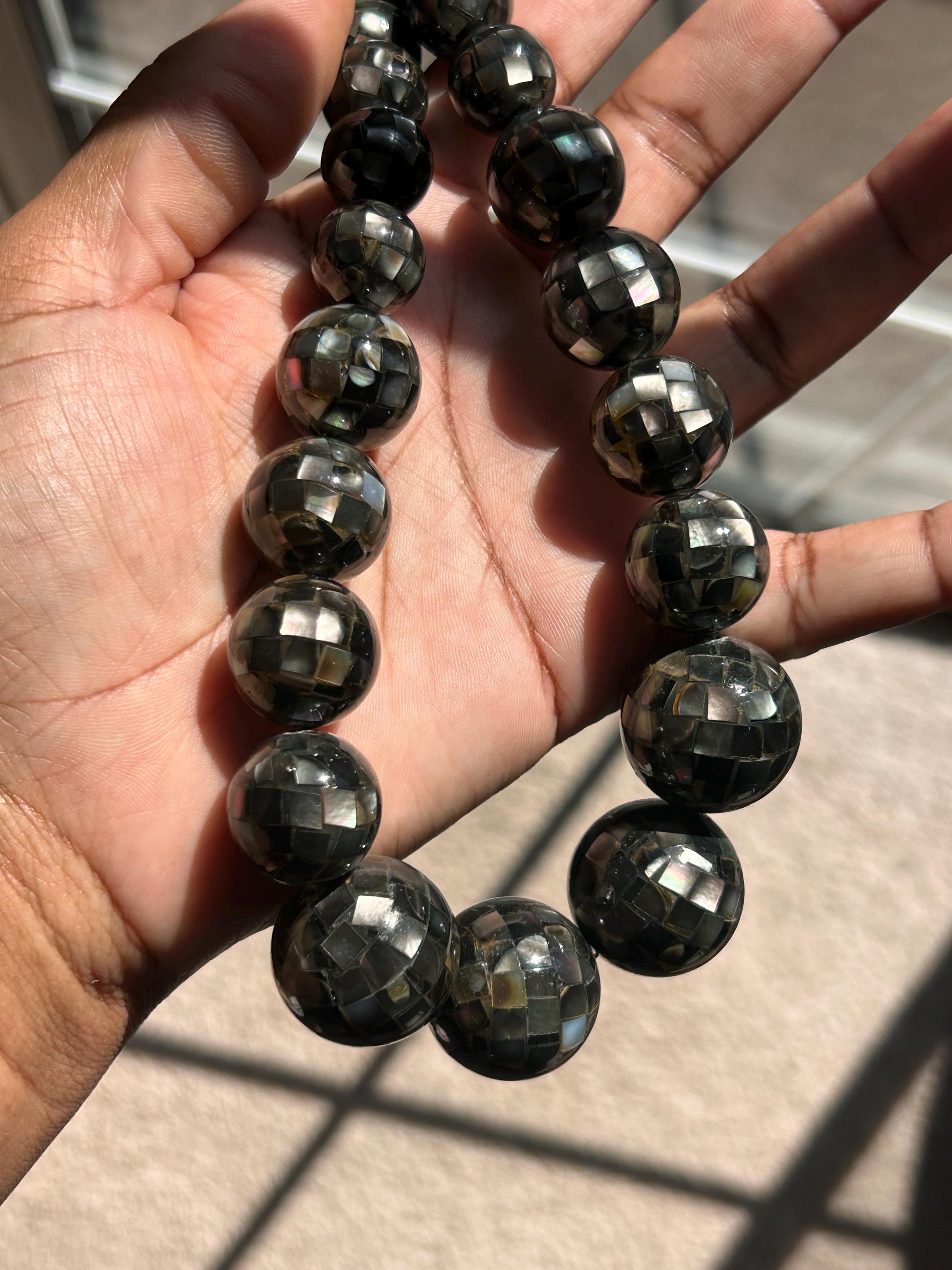 Jay King Black Mother of Pearl Mosaic & Faceted Onyx Necklace - 24" 925 Silver