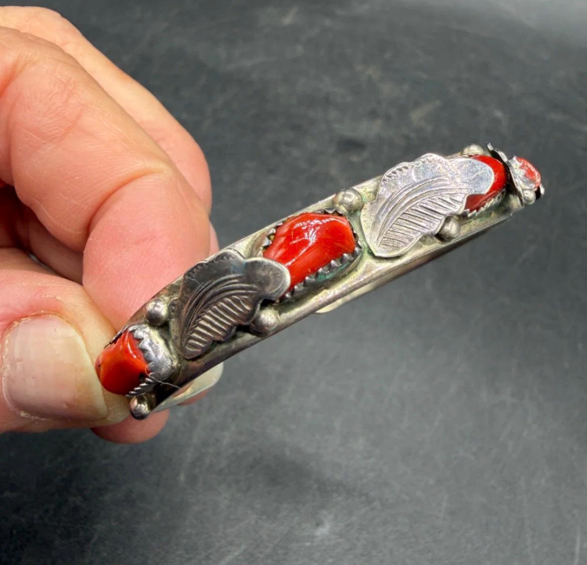 Vintage Navajo M. PAYTON Sterling Silver & Red Coral Cuff Bracelet 24.8g Signed