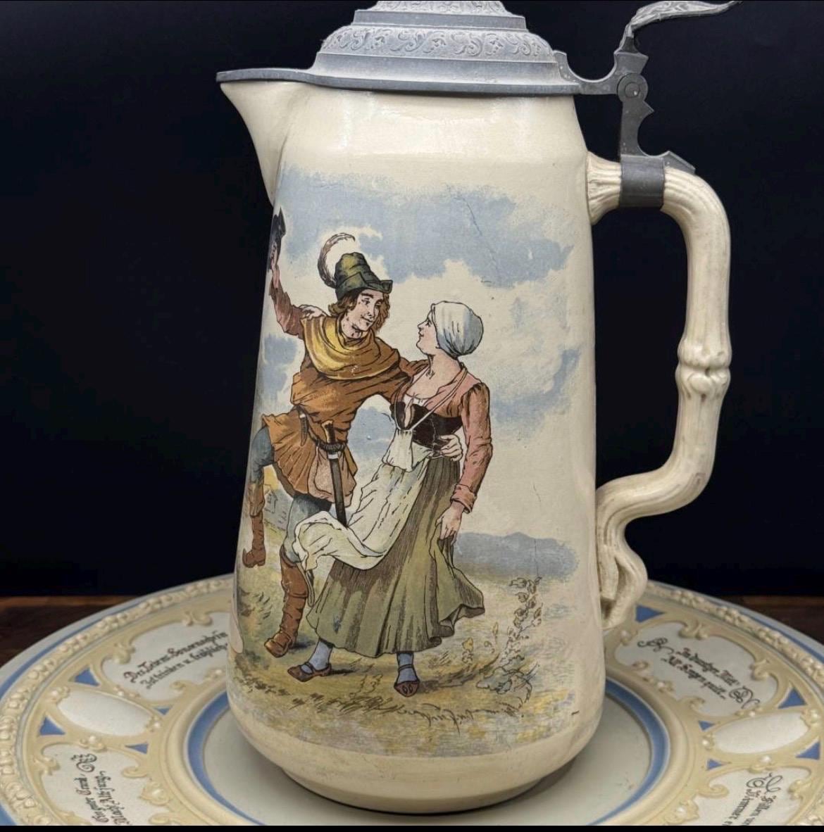 Antique 1899 Mettlach Villeroy & Boch 3.3L Master Pitcher and Charger Set, German Breweriana Stoneware #2348 #2087, Turn of the Century Gift