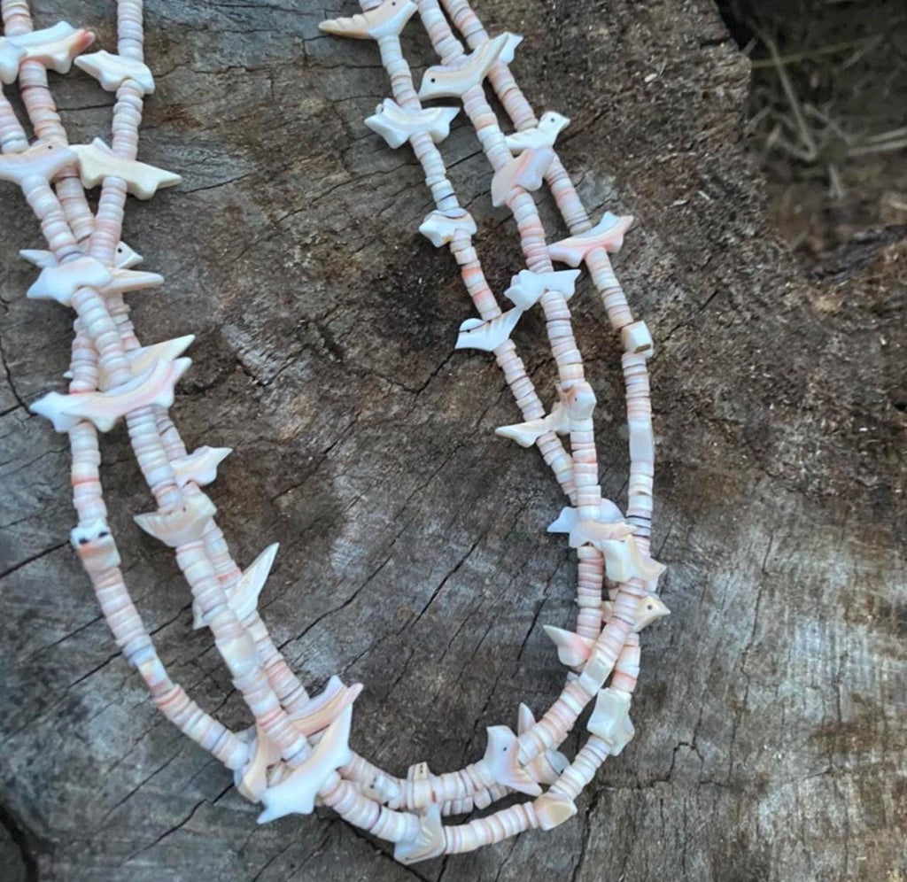 Vtg 3-Strand Animal Fetish Necklace Shell Heishi Sterling Cones |25 Inch