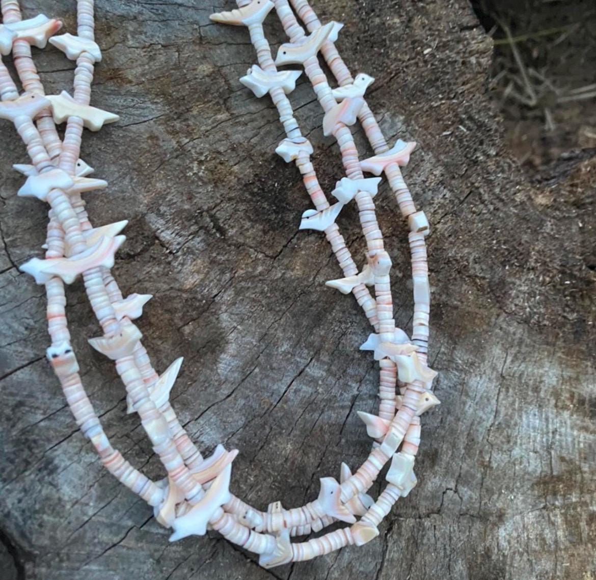 Vtg 3-Strand Animal Fetish Necklace Shell Heishi Sterling Cones |25 Inch