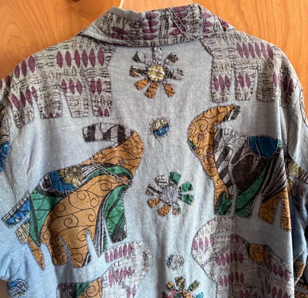 Vintage 90s Boho Elephant Print Cotton Jacket, Indian Patchwork Artsy Layering Cardigan