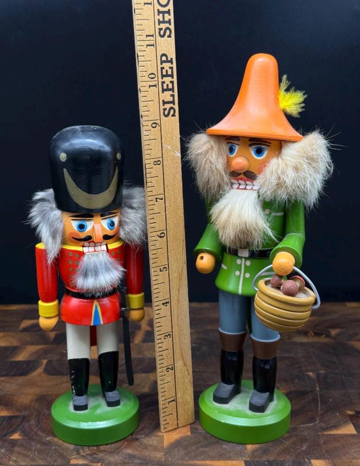Vintage German Nutcrackers Pair, Erzgebirge Wooden Mushroom Picker and Toy Soldier, Authentic GDR East Germany Christmas Decor, Set of 2