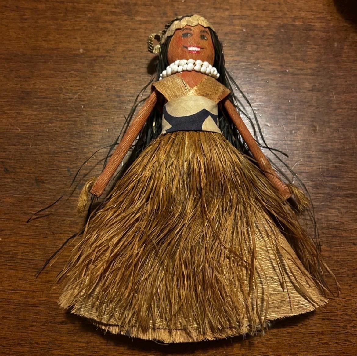 Vintage Mid Century Hawaiian Hula Doll 11" Tapa Cloth Grass Skirt Tiki Decor