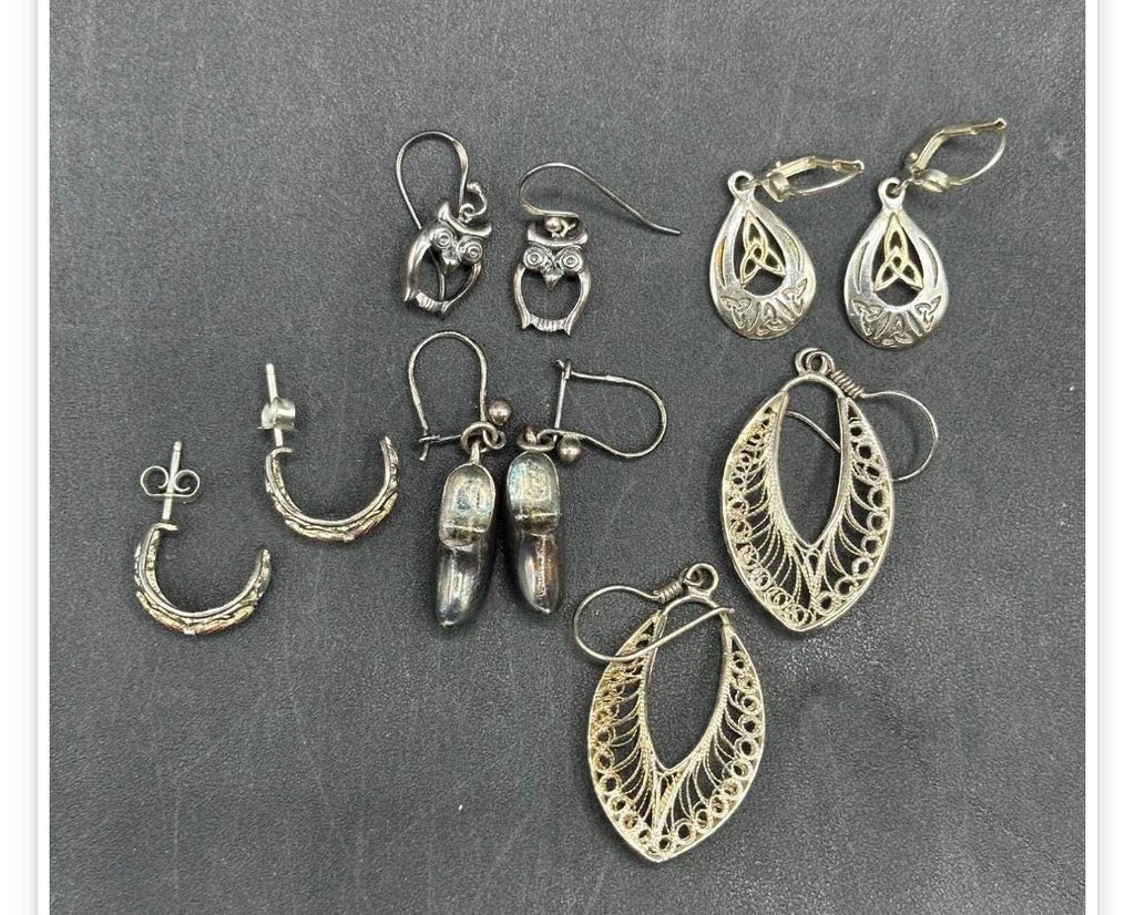 Vintage Sterling Silver Earrings Lot – 5 Pairs, Mixed Styles, 14.5g