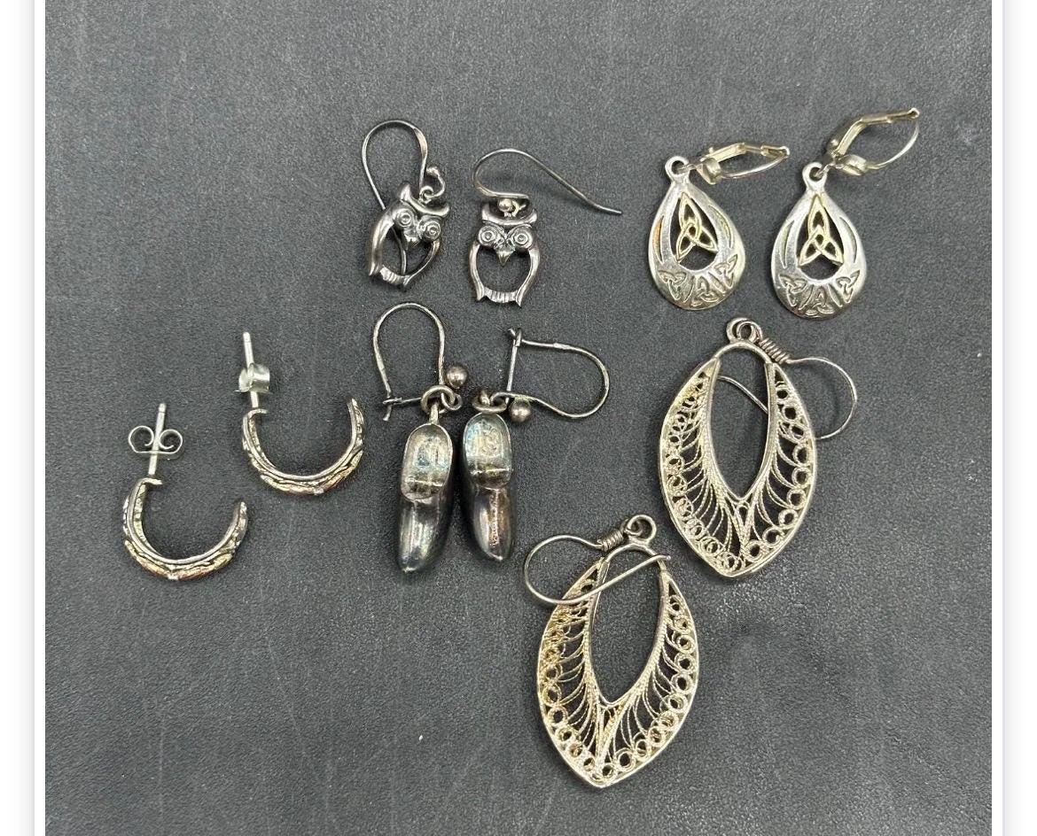 Vintage Sterling Silver Earrings Lot – 5 Pairs, Mixed Styles, 14.5g