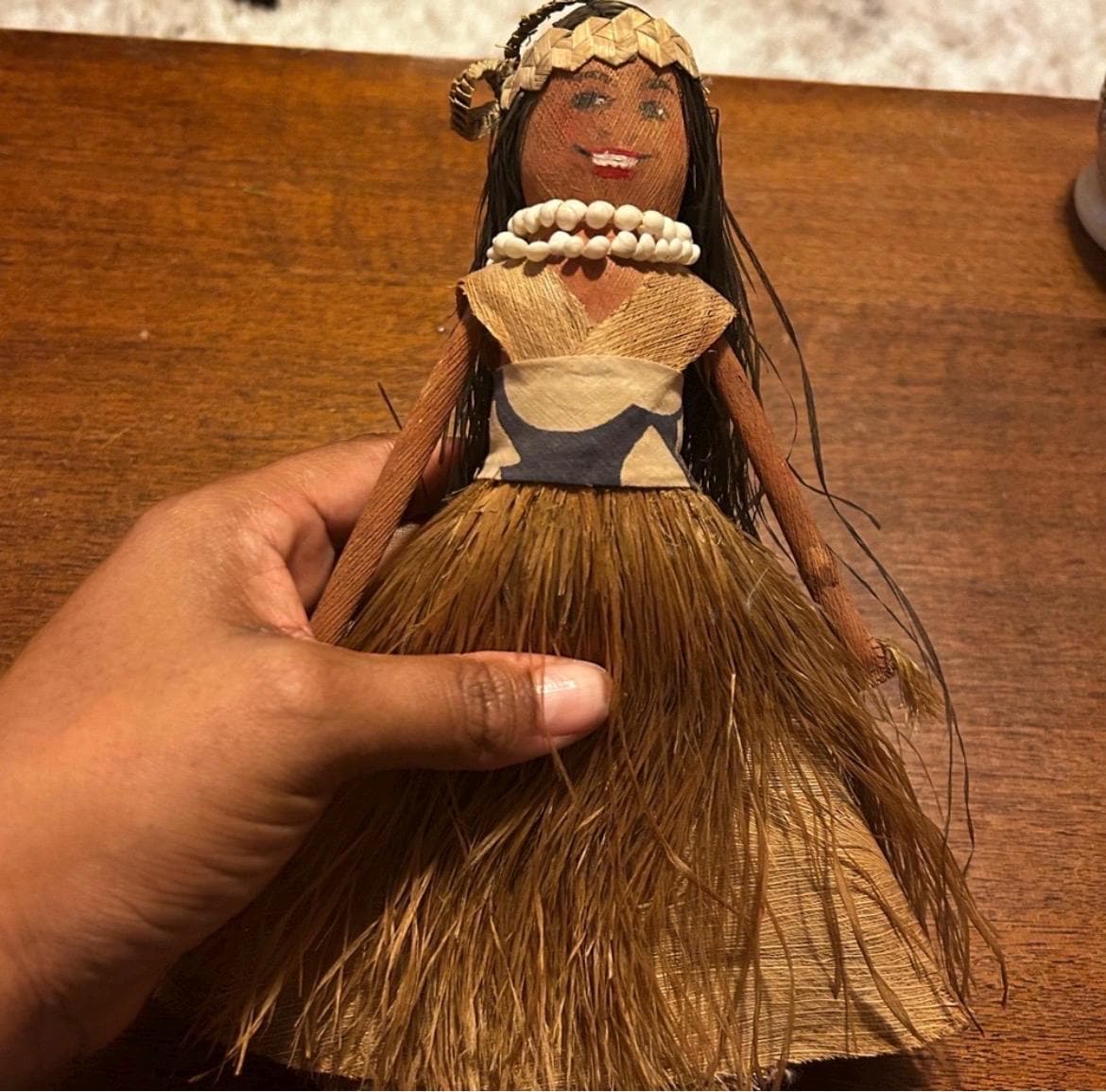 Vintage Mid Century Hawaiian Hula Doll 11" Tapa Cloth Grass Skirt Tiki Decor