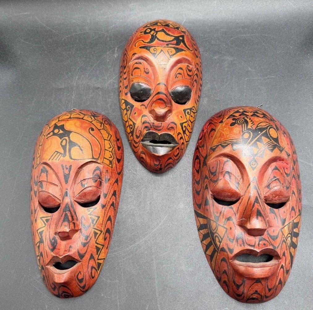 Set of 3 Vintage Hand-Carved Wooden Masks | Indonesian Tribal Wall Decor