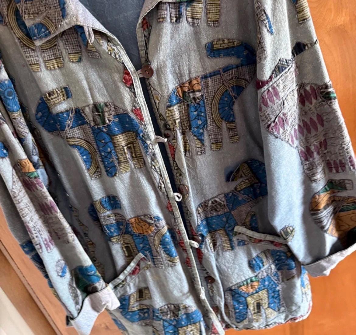 Vintage 90s Boho Elephant Print Cotton Jacket, Indian Patchwork Artsy Layering Cardigan