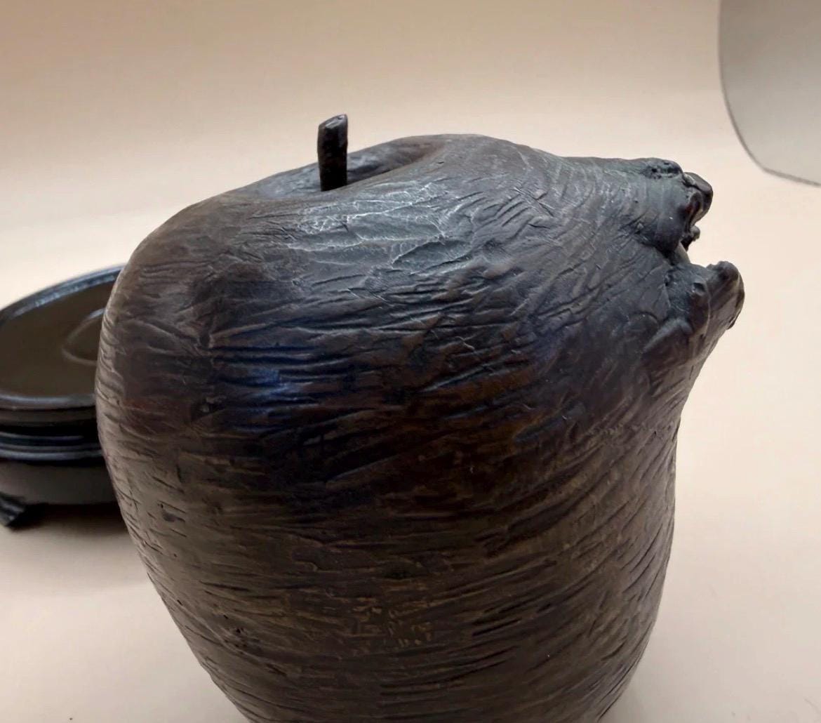 MCM Bronze Bitten Apple Sculpture on Carved Wood Base – Pop Art
