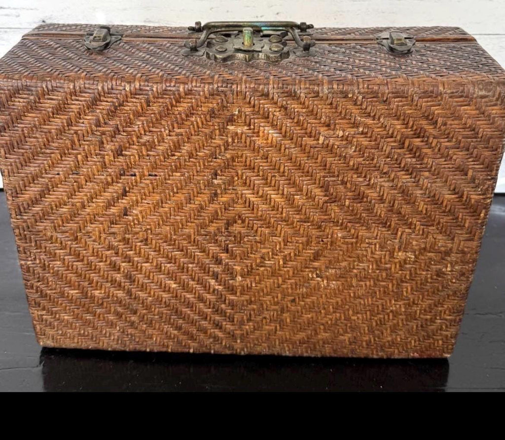 Vintage Asian Woven Rattan & Wood Storage Trunk Chest Brass Hardware Case