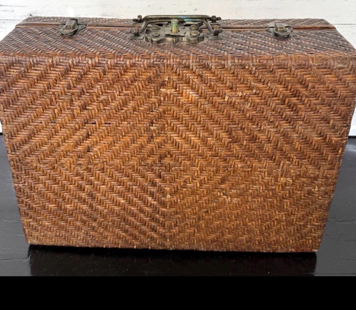 Vintage Asian Woven Rattan & Wood Storage Trunk Chest Brass Hardware Case