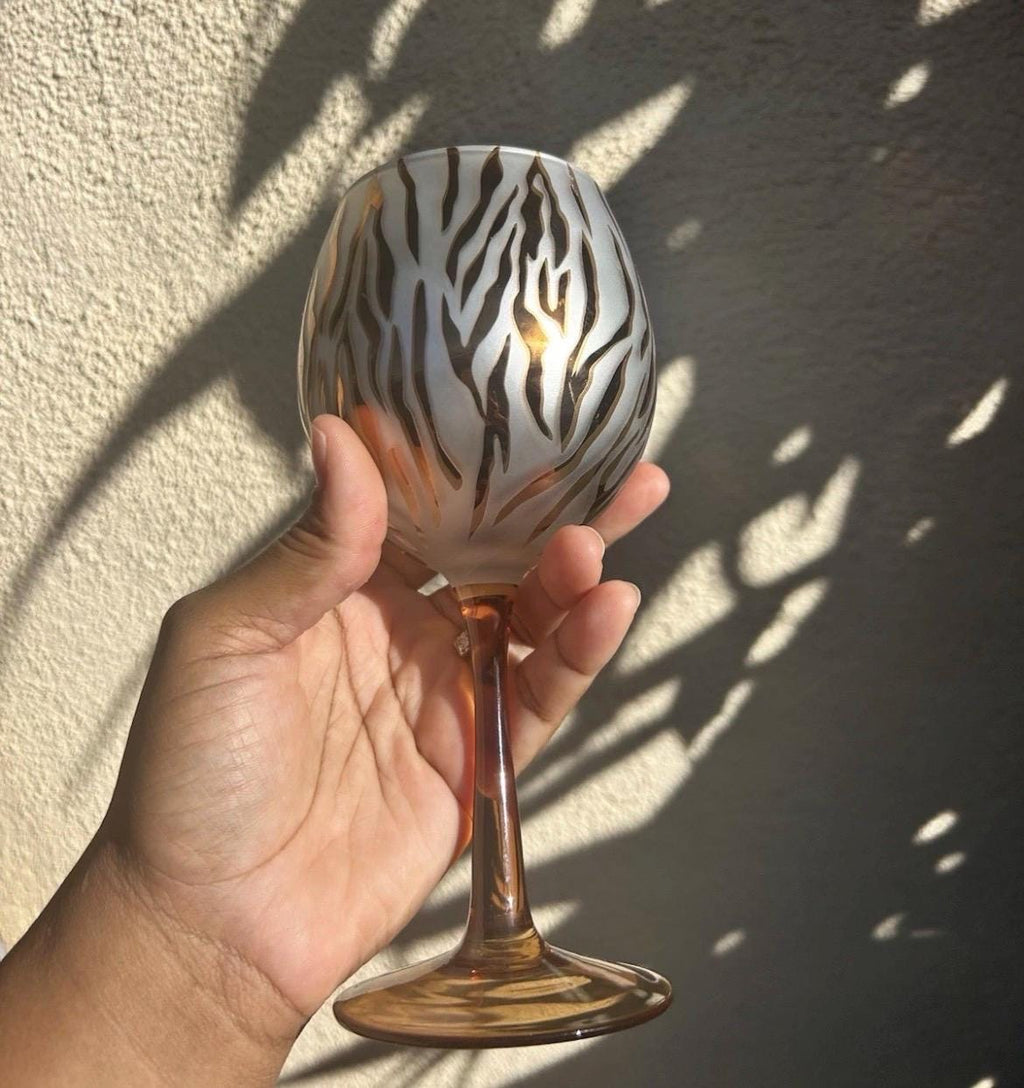 Pier 1 Imports Zebra Balloon Wine Glass, Amber Stemware, Hand-Blown Safari Chic