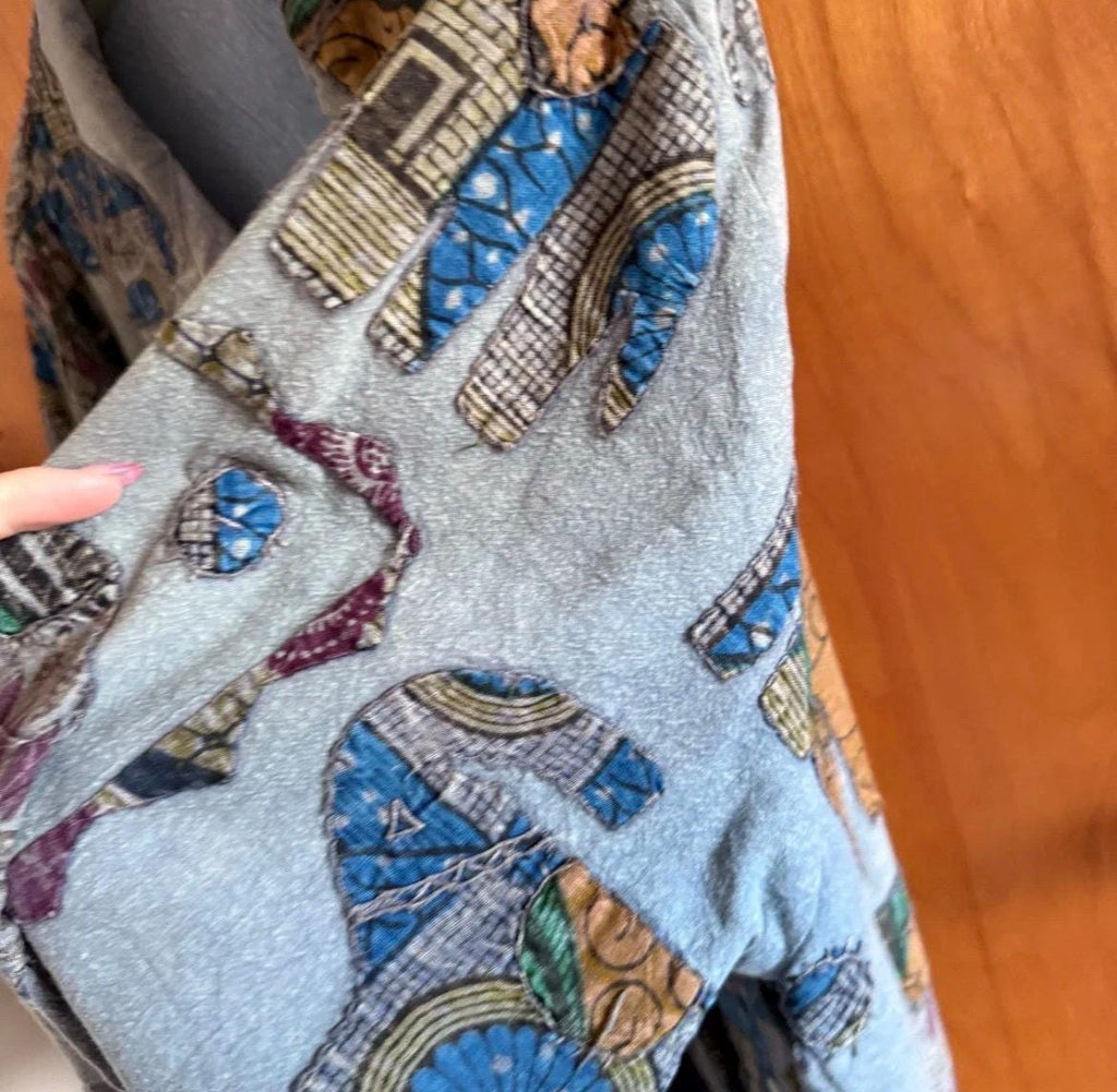 Vintage 90s Boho Elephant Print Cotton Jacket, Indian Patchwork Artsy Layering Cardigan