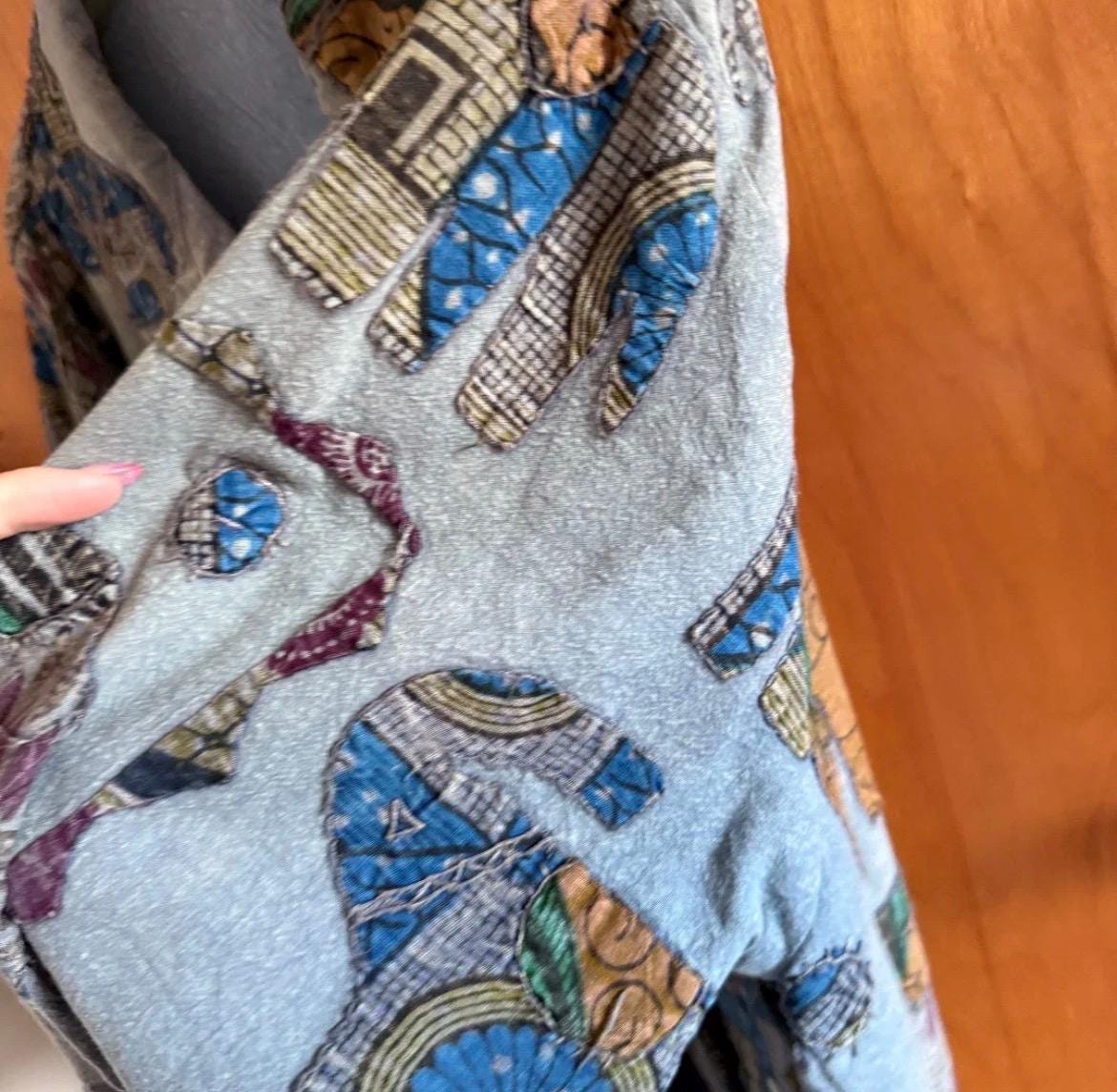 Vintage 90s Boho Elephant Print Cotton Jacket, Indian Patchwork Artsy Layering Cardigan