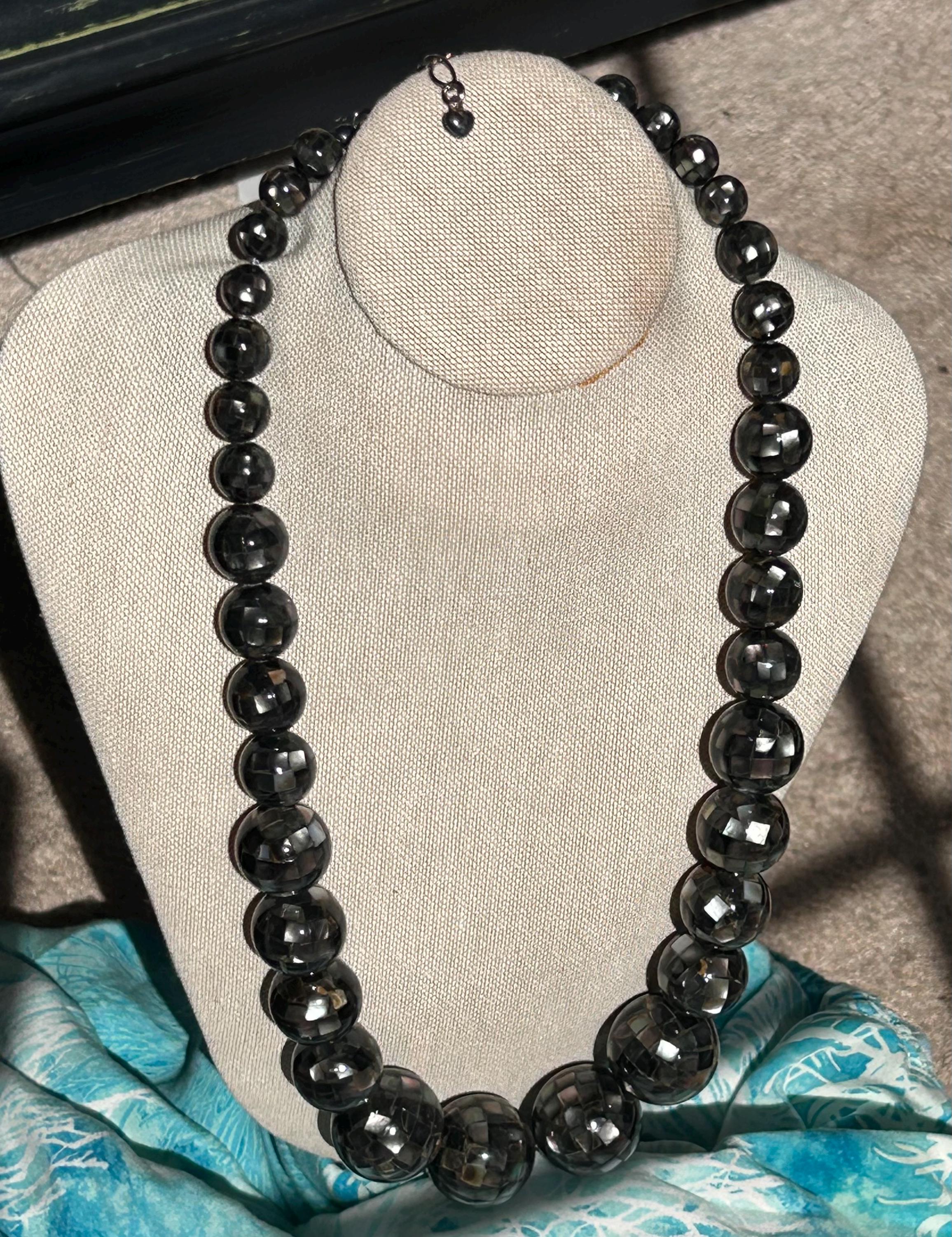 Jay King Black Mother of Pearl Mosaic & Faceted Onyx Necklace - 24" 925 Silver