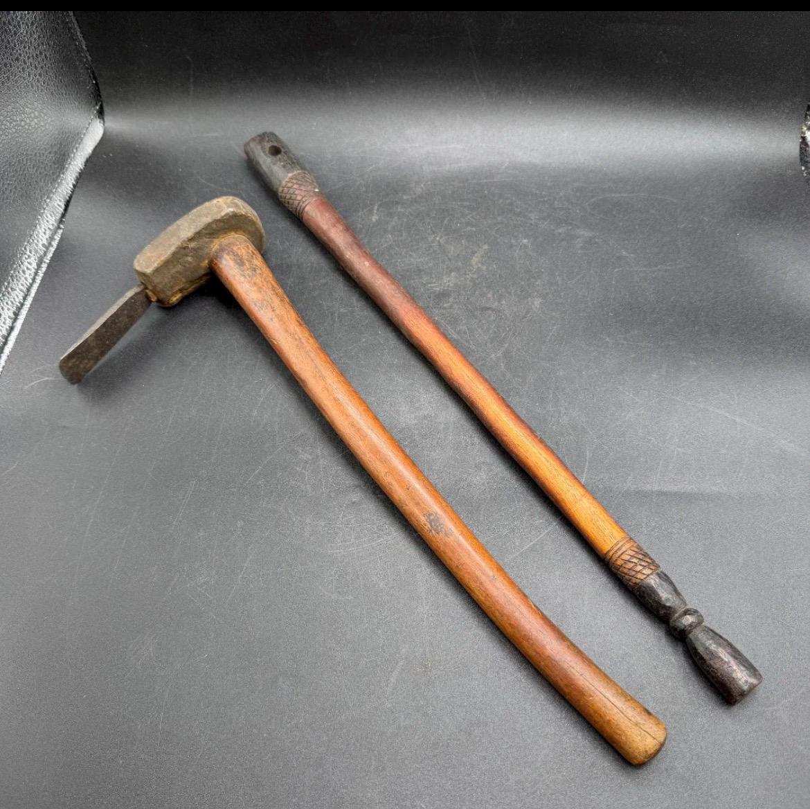 Vintage Benin African Wood Carving Tools - MCM Hand Adze & Carved Mallet Set