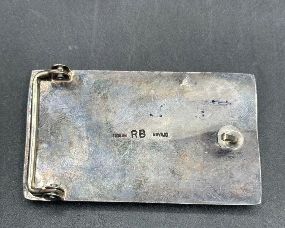 Vintage Navajo Sterling Silver Belt Buckle, Hand Stamped Southwestern Western Accessory, Signed RB Hallmark