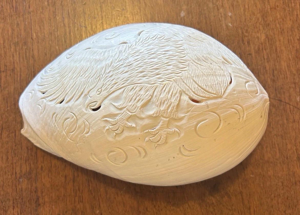 Large Carved Melo Melo Shell with Bird Motiff - 10 inches long