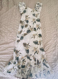 Vintage MAHALO Hawaiian Muumuu Dress White Tropical Floral Ruffle Mermaid Small