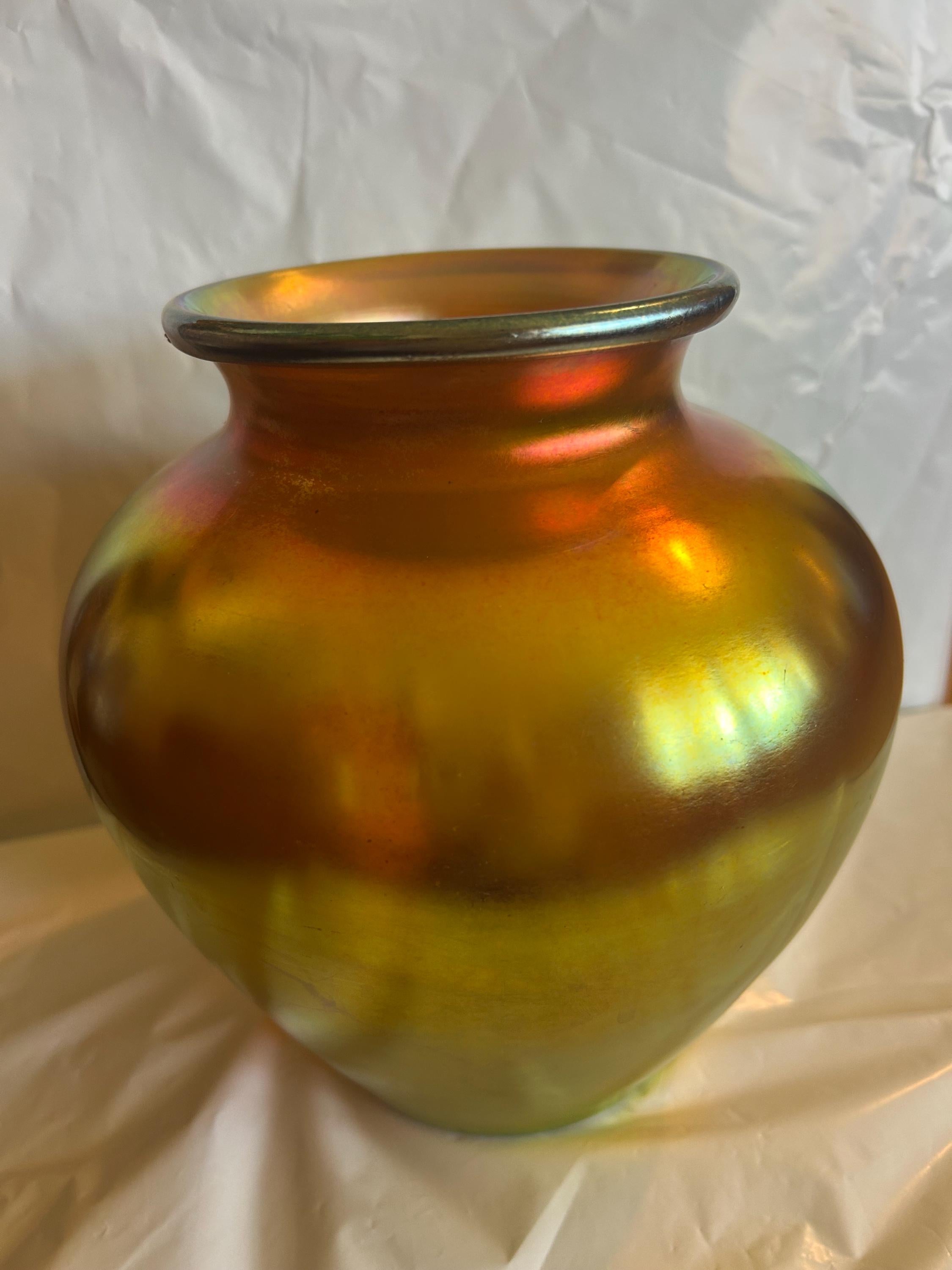 Antique Steuben Gold Aurene Art Glass Vase Shape 2683 Signed Frederick Carder c 1910, 8 Inch Iridescent Gold Favrile Glass Swollen Shoulder