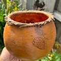 Vintage Pine Needle Gourd Basket – Pyrography Pinecone Motif, Southwestern Fiber Art