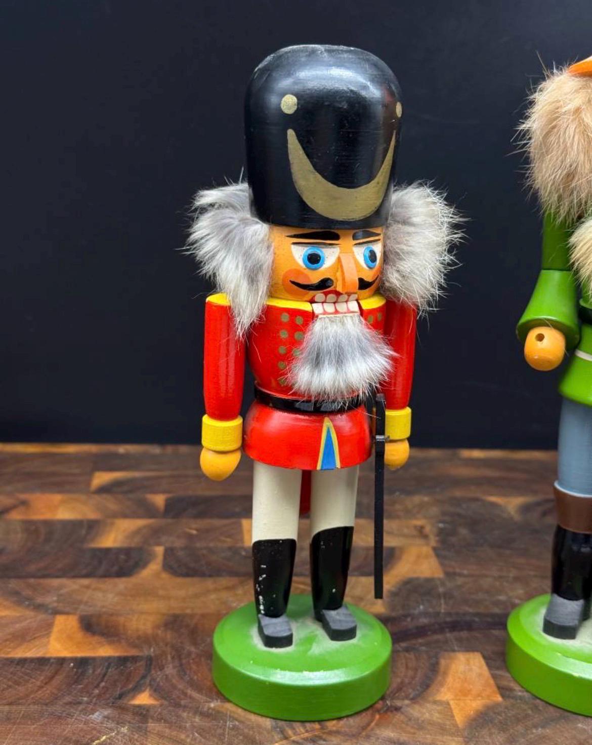 Vintage German Nutcrackers Pair, Erzgebirge Wooden Mushroom Picker and Toy Soldier, Authentic GDR East Germany Christmas Decor, Set of 2