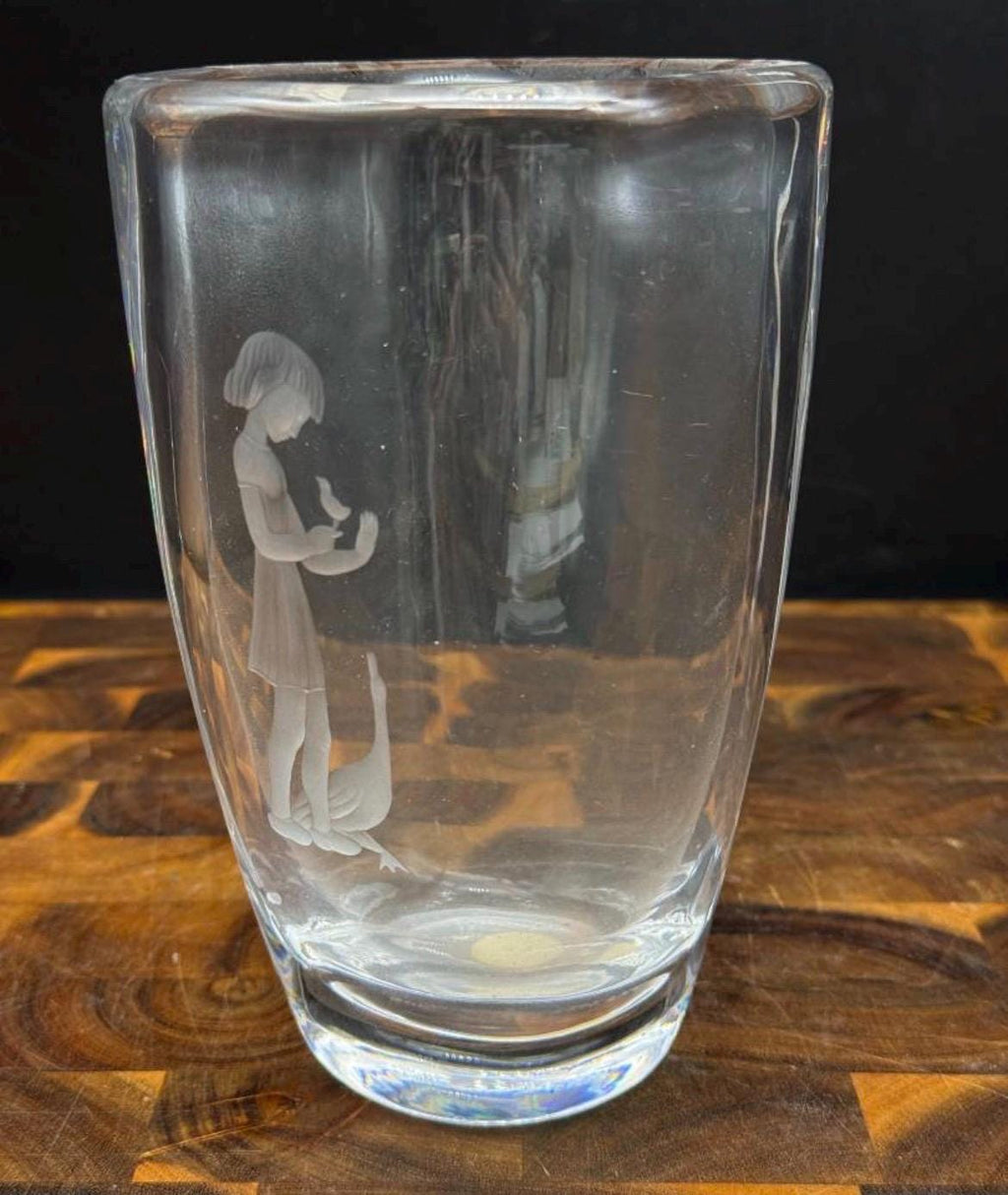 Vintage Orrefors Sweden Crystal "Goose Girl" Vase Sven Palmqvist 2578 Etched