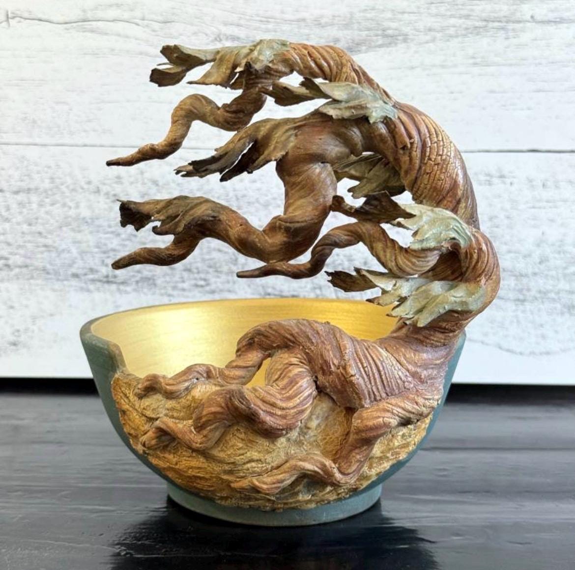 Bonnie Belt Studio Pottery Cypress Cut Away Bowl Ceramic Sculpture Signed 5x7"